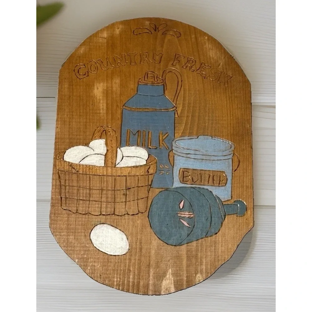 Vtg MCM Folk Art Grandma Country Wood Slab Milk Butter Handmade Wall Decor